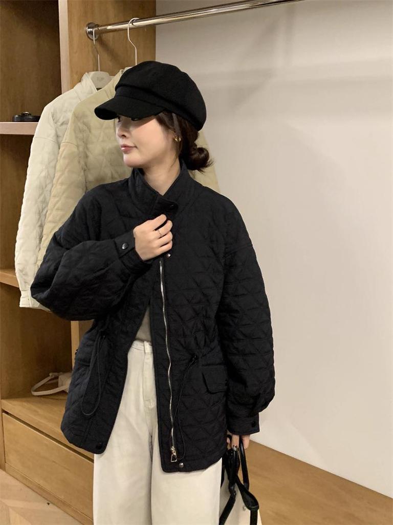 Korean-Style Diamond Pattern Lightweight Down Cotton Jacket for Women - Stand Collar, Waist-Cinching, 2025 Autumn/Winter Collection