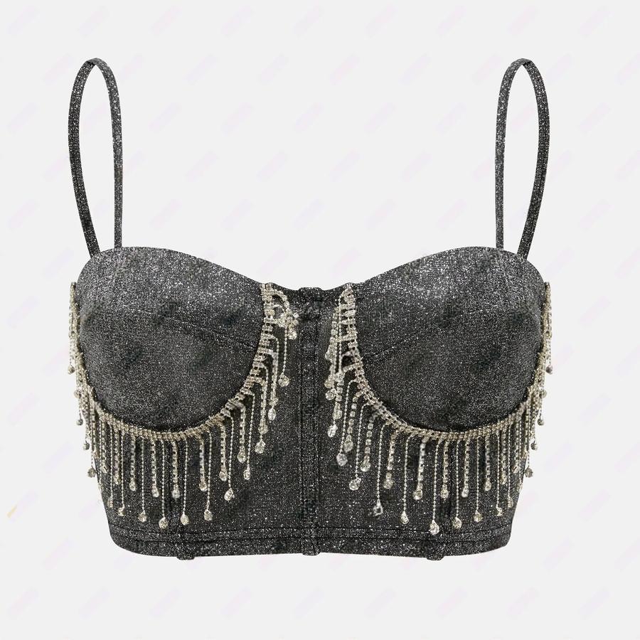 

Сезон Ветра Новая Женская Одежда Без Бретелей Однолинейный Вырез Лодочкой Стразы Бахрома Сексуальный Кроп-Топ Облегающий Без Спины Майка для Женщин L чёрный