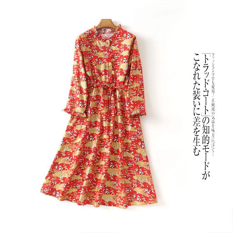 

Women s Autumn Export Fashion Stand Collar Pullover Dress Red background pattern B- 21-19-4 L