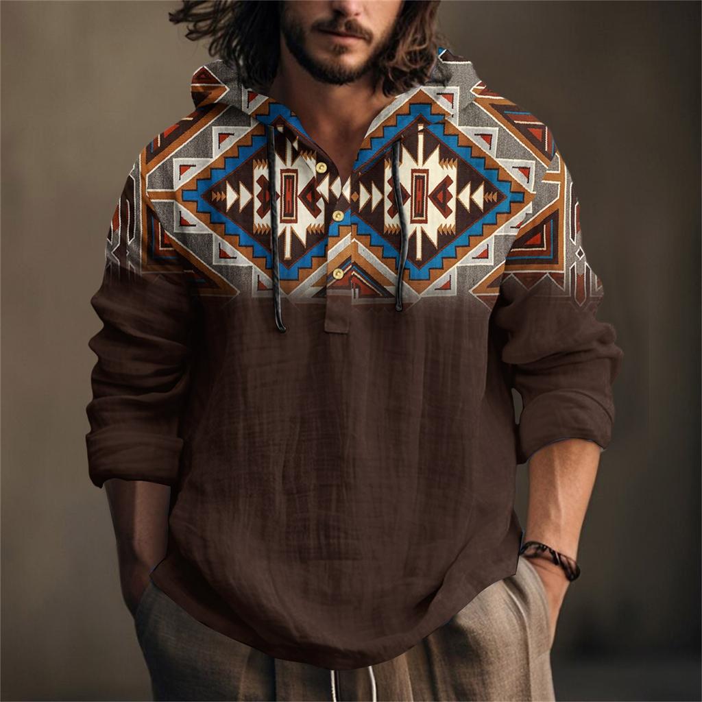 Camicia da Uomo Stampata in Cotone e Lino con Cappuccio a Maniche Lunghe con Cappuccio Primavera ed Estate Casual da Indossare Tutti i Giorni