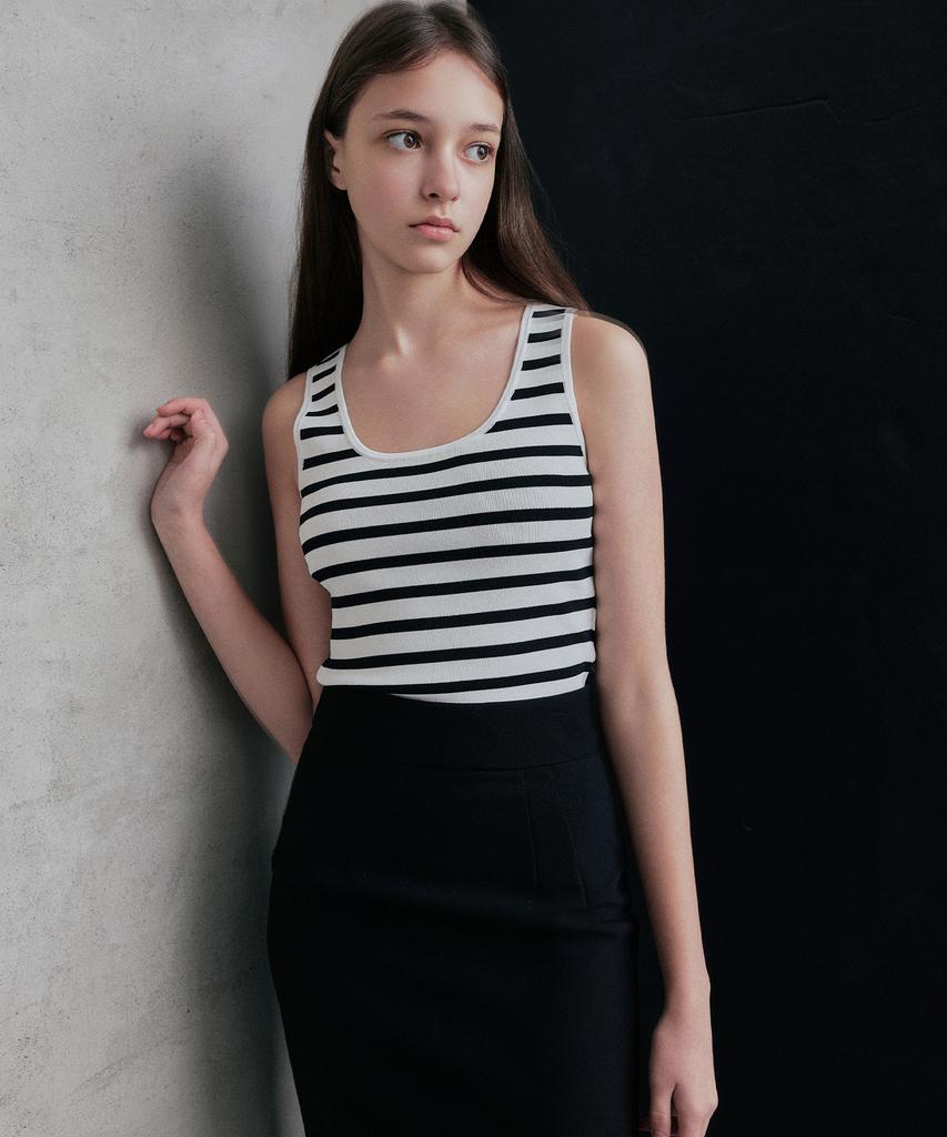 LANG5 [Marine] Striped Sleeveless Knit_White