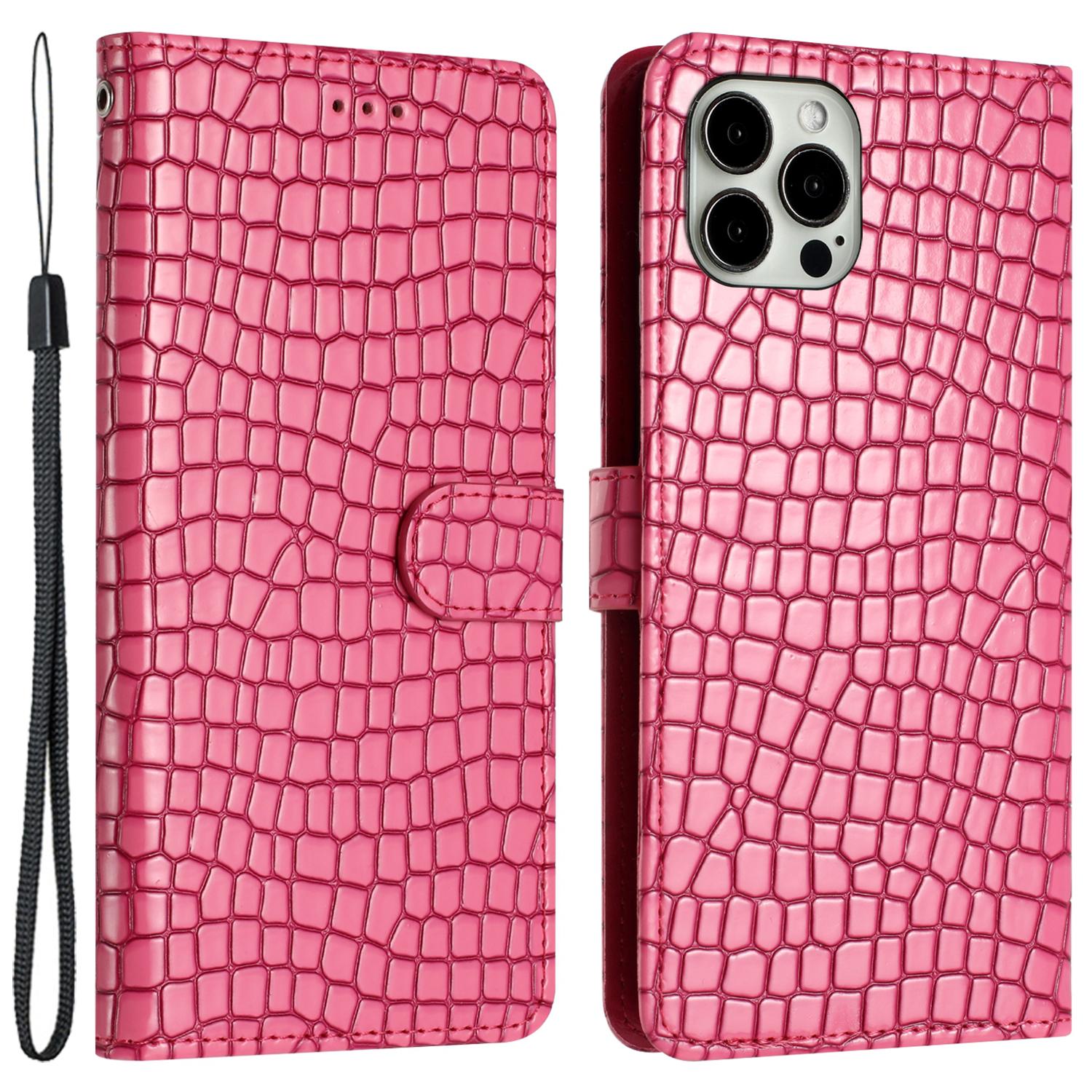 

For iPhone 13 Pro 6.1 inch Crocodile Texture Fully Wrapped Leather Cover Stand Phone Wallet Case with Hand Strap Rose