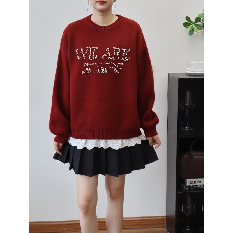 

Топ-свитер вязаный из двух частей с бусинами и буквами, новый осенне-зимний, свободный, повседневный пуловер для женщин One size красный