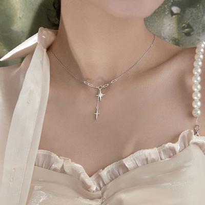 Silver Fairy Six Point Star Pendant Necklace Simple Clavicle Chain Shiny Zircon Tassel Cross Sweet Clavicle Neck Wedding Jewelry