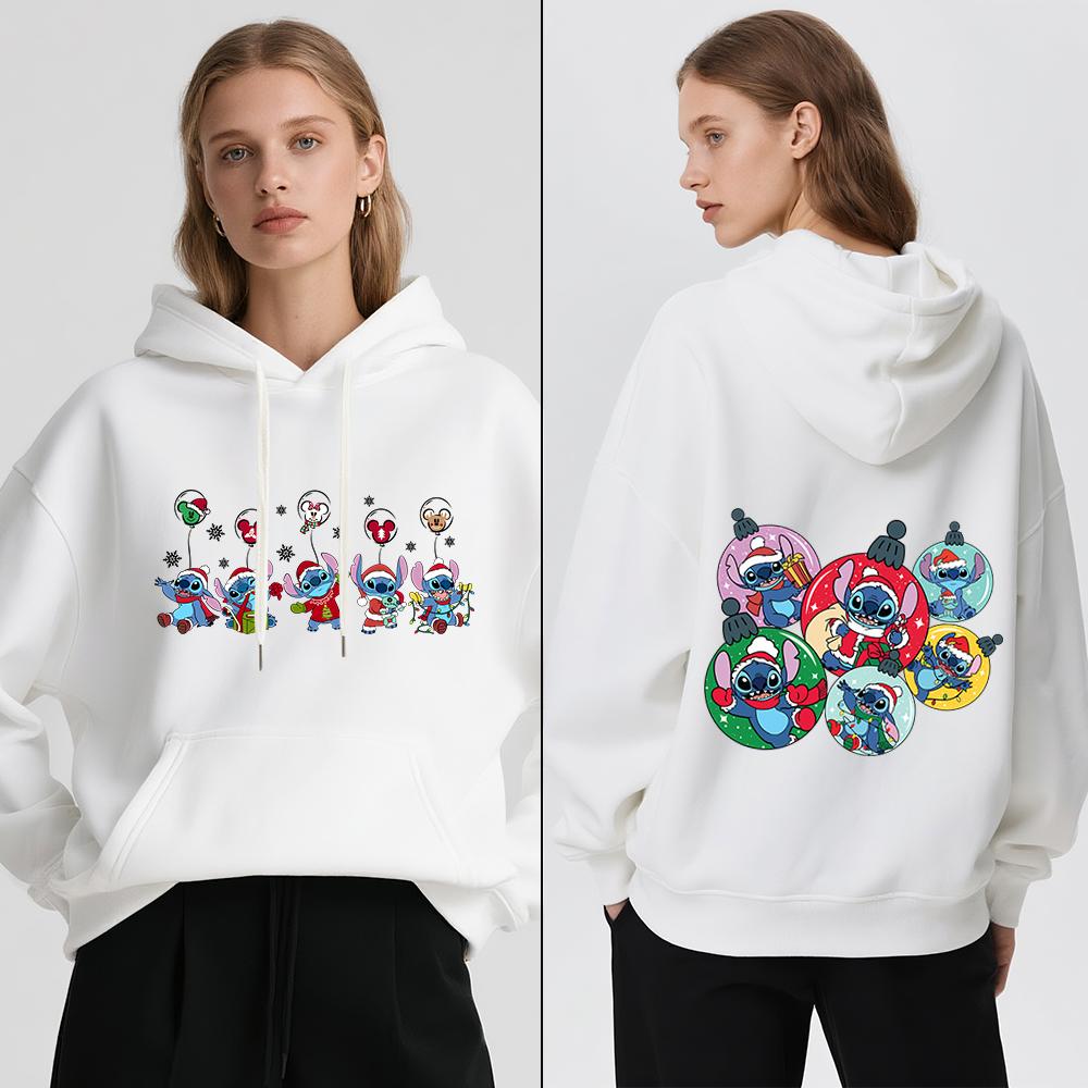 Disney Stitch Christmas Print Women Fleece Hoodie Winter Warm Pullover Casual Holiday Travel Party Outfit Soft Cozy Sweatshirt