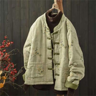 Women Vintage Print Floral Jackets Stand Long Sleeve Coats Autumn Pockets Button Warm Chinese Style Jackets