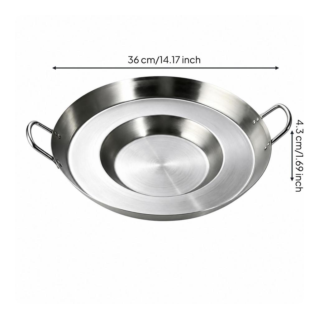Uncoated Stainless Steel Grill and Fry Pan Induction Compatible Round Concave Frying with Two