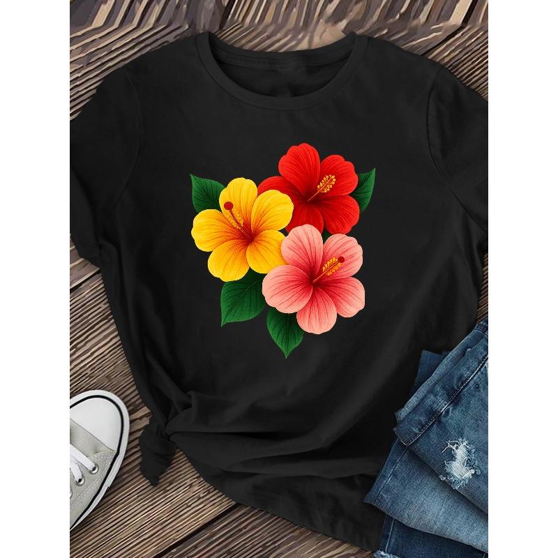 Womens Vibrant Floral Print T Shirt Lightweight Polyester Short Sleeve Round Neck Casual Hibiscus Flowers Spring Summer Fall Top