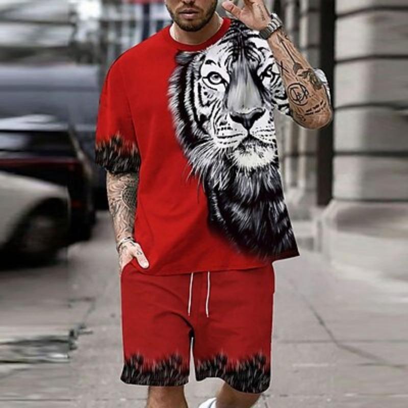 Men's Summer Tiger 2pcs Tees Sets Summer Tops Short Sleeve Short Pants Crew Sport Casual Outdoor Vacation Sport 3D Print