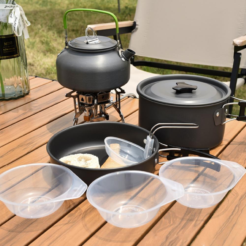 15Pcs Hard Anodized Camping Cookware Set for 4-5 People, Portable Outdoor Combo Kit with Pot, Frying Pan, 1.2L Kettle & Tableware, Black Handles