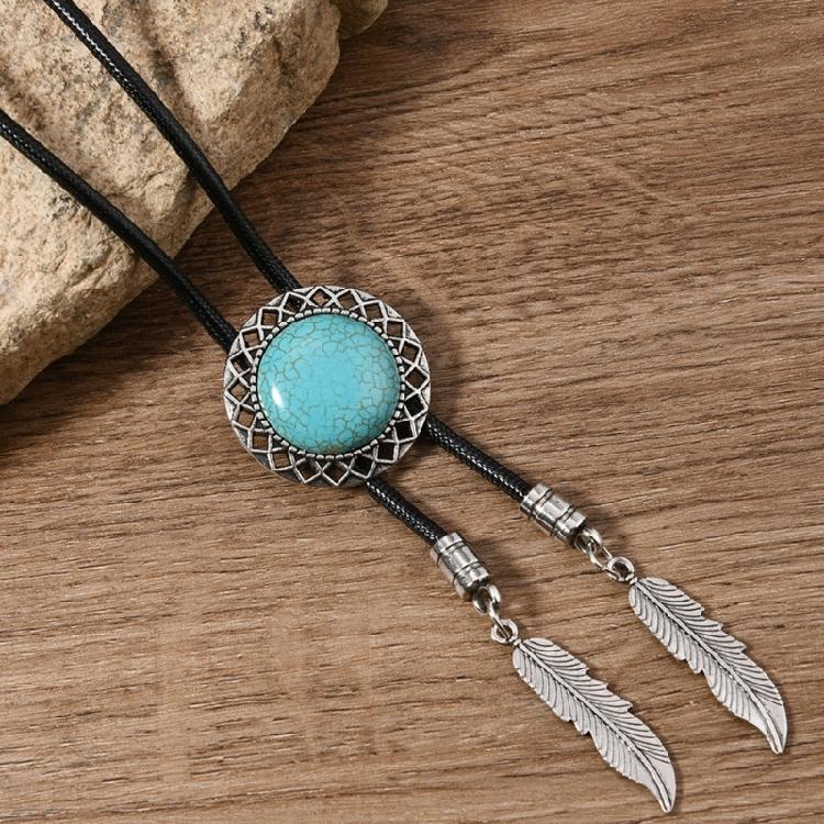 Men Women Western Cowboy Bolo Tie Vintage Turquoises Pendant Jewelry Leather Rope Necktie Tie Metal Feather Necklace