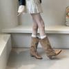 Retro pointed strap western cowboy boots women's new inner height increase versatile soft leather with skirt boots