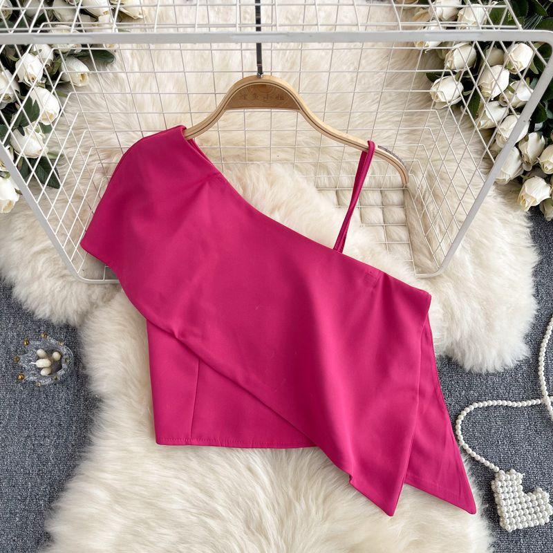 Sweet and Spicy Small Top Women's Stylish One-Shoulder Cold-Shoulder Single-Side Sling Silm Short Crop Top Versatile Holiday Small Shirt Fashion