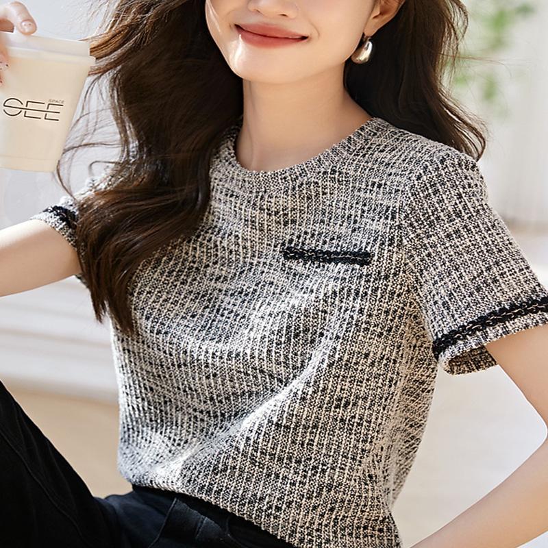 New Summer Fashion Style Oversized Loose Casual T-shirts for Women Retro Splicing Plaid Chic Short Sleeve O Neck Tops