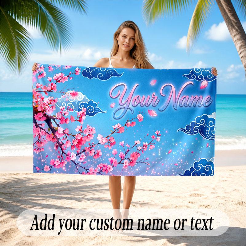 Floral Garden Theme Soft Beach Towel Personalized Custom Name Text Towel Portable for Beach Pool Travel