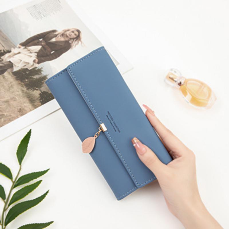Women Long Wallet Korean PU Leather Leaf Pendant Tri-fold Bag Multi Function Clutch Large Capacity