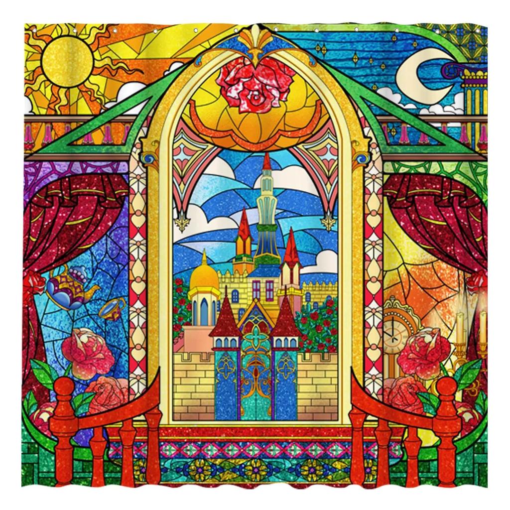 Waterproof Shower Curtain Stained Glass Meadow Flower Dragonfly Polyester Fabric Bath Curtain Home Hotel Bathroom Shower Curtain