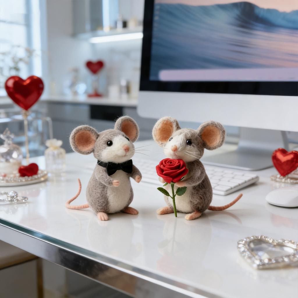 Valentine's Day Mouse Ornament Woolen Mouse Couple Desktop Figurine Multi-Tiered Tray Desktop Decoration Valentine's Day Gift Anniversary Gift