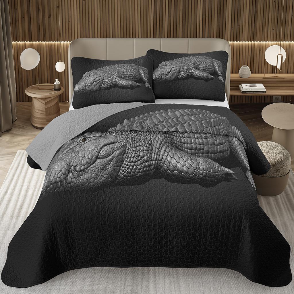 Teens Krokodil Tagesdecke Alligator Muster Tagesdecke Set Full Queen Größe Wildtier Gestepptes Bettwäscheset für Kinder Jungen Mädchen