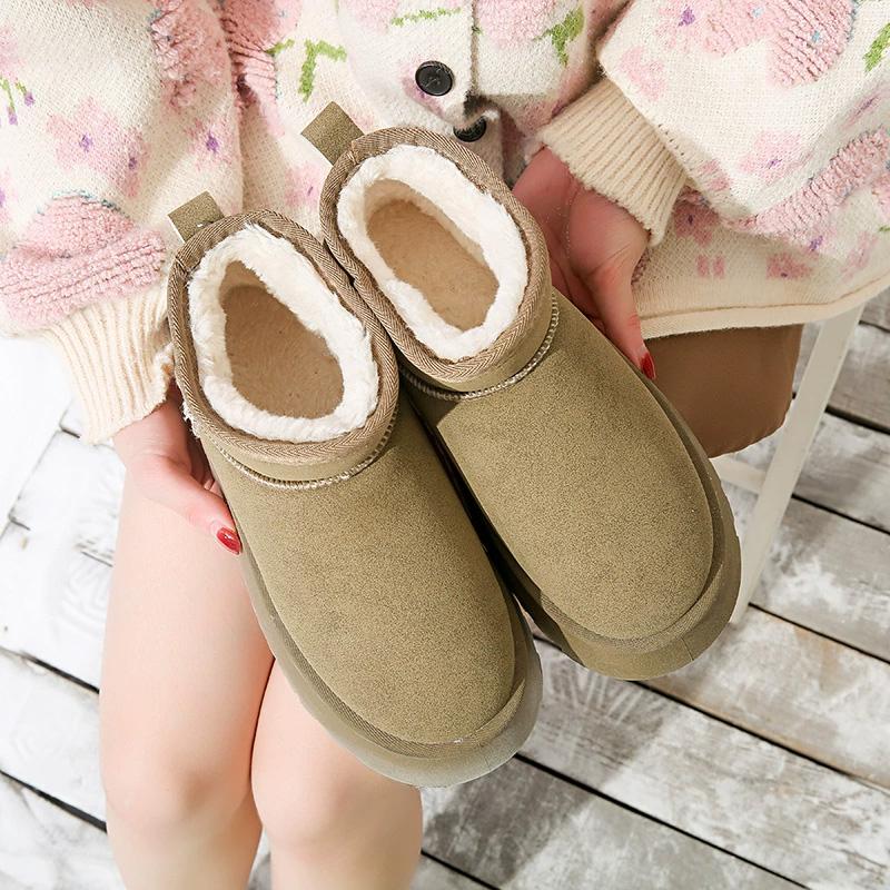 Women Padded Shoes Thick-soled Round Toe Warm Thick Plush Slip-On Platform Ankle Botas Snow Boots