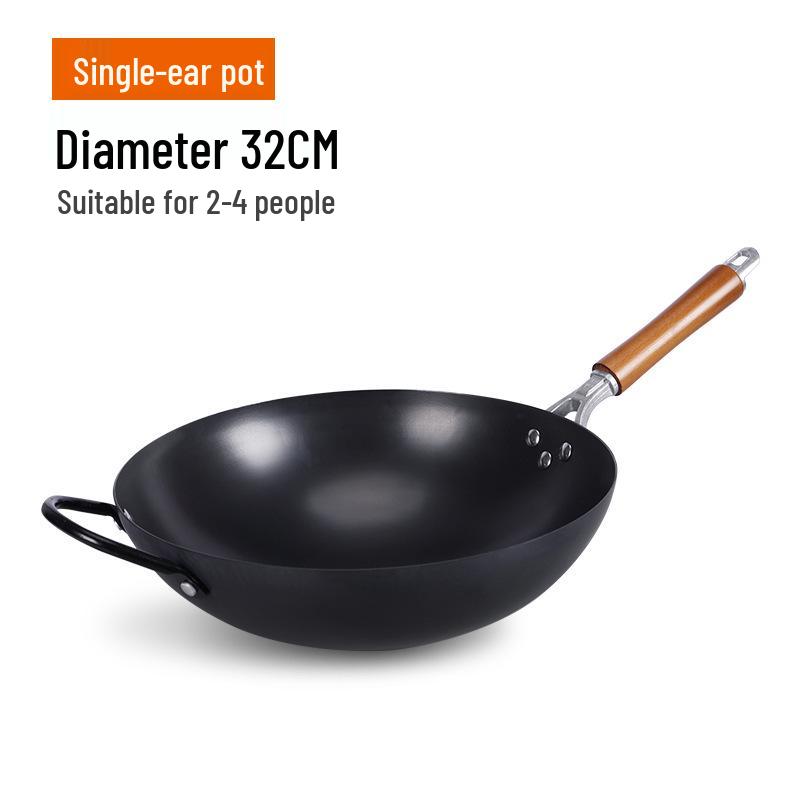 Old-Fashioned Non-Coated Cast Iron Wok, Round Bottom, Non-Slip, Non-Stick, Gas Stove Compatible, Nitrided Fine Iron.
