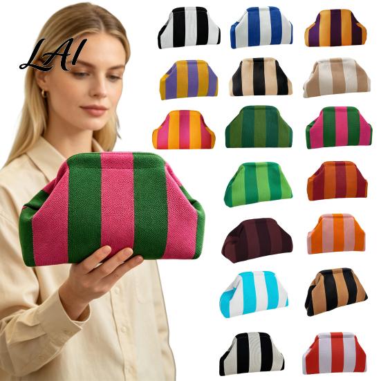 Portable Toiletry Bag Woven Striped Clutch Purse for Woman Large Capacity Cosmetic Pouch Knit Dumpling Bag Kiss Lock Handbag Evening Party Storage