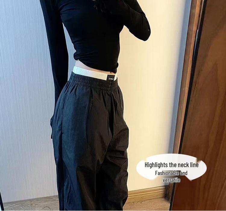 Women's Black V-neck Long-sleeve Slim-fit Thermal T-shirt with Velvet for Autumn/Winter