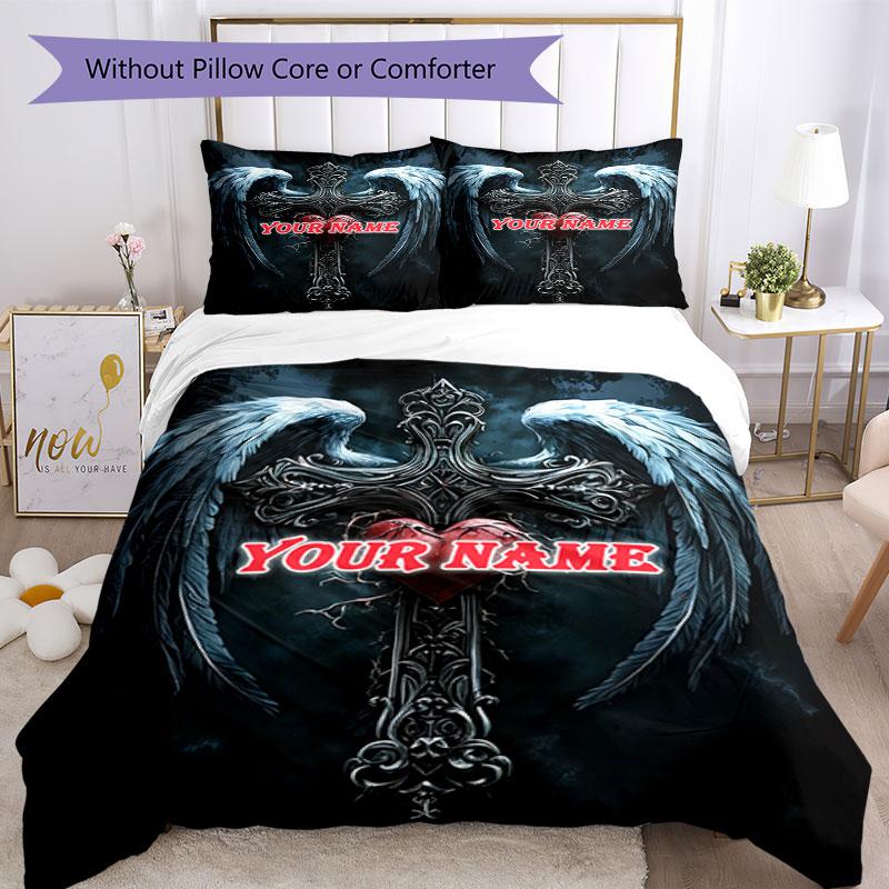 3PC Custom Name "Angel Wings Cross Heart" Bedding Set Duvet Cover Closure Includes 1 Duvet Cover & 2 Pillowcases for Bedroom