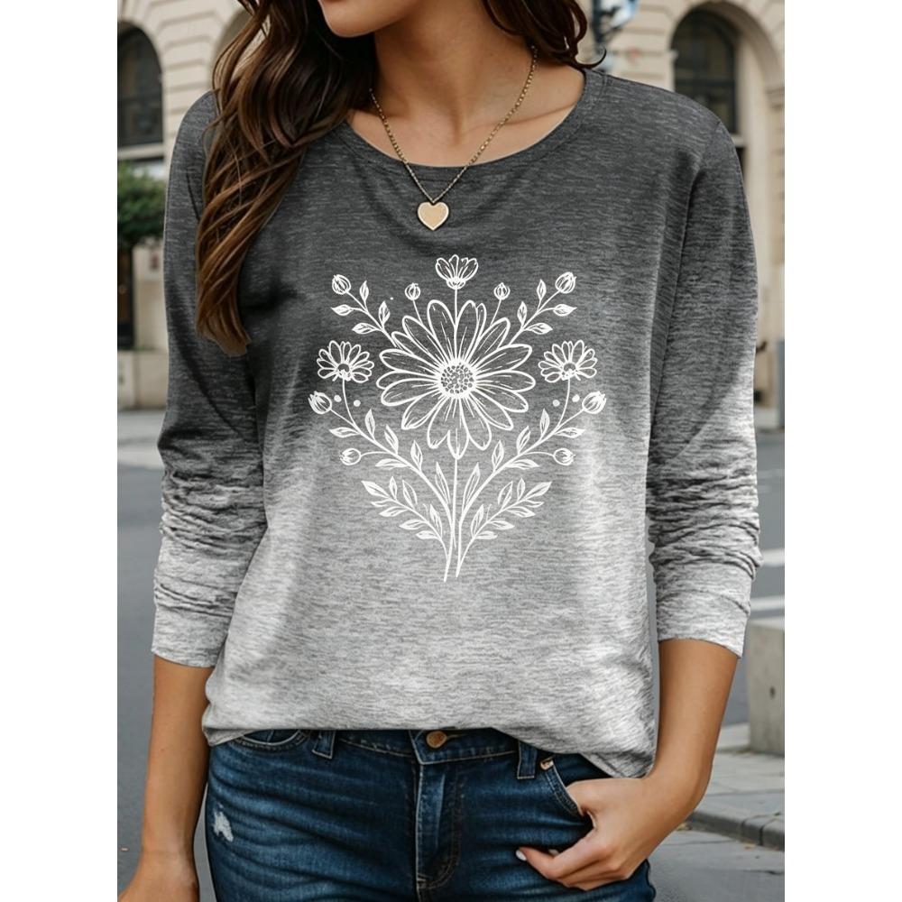 Women's Long Sleeve Crew Neck Gradient Heart & Butterfly Print Casual T-Shirt, Regular Tops for Spring Summer Daily Wear