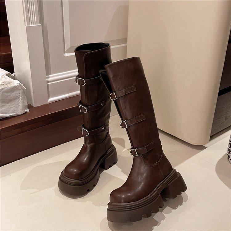 Thick Soled Long Tube Boots Women Autumn Winter 2025 New British Style Knight Boots Knee Length Buckle Slim and Tall Tube Boots