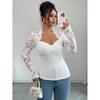 Damen Spitzen-Patchwork Figurbetonte Oberteile Herzförmiger Ausschnitt Langarm T-Shirts