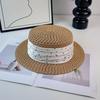 French Flat Top Straw Hat Women's Premium Top Hat Hollow Hat Ribbon Polka Dot Sunscreen Straw Hat Seaside Beach Hat