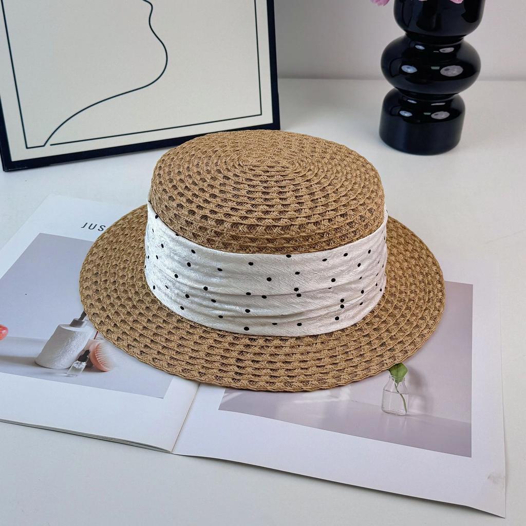 French Flat Top Straw Hat Women's Premium Top Hat Hollow Hat Ribbon Polka Dot Sunscreen Straw Hat Seaside Beach Hat