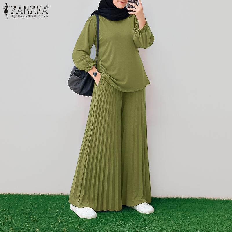 ZANZEA Women Long Sleeve Blouse and Pants Casual Two Piece Suit Set Muslim