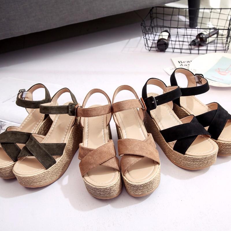 Aphixta Platform Wedge Heel Women's Sandals Woman Shoes Flock Summer Peep Toe High Heel Buckle Sandals Sandalia Feminina