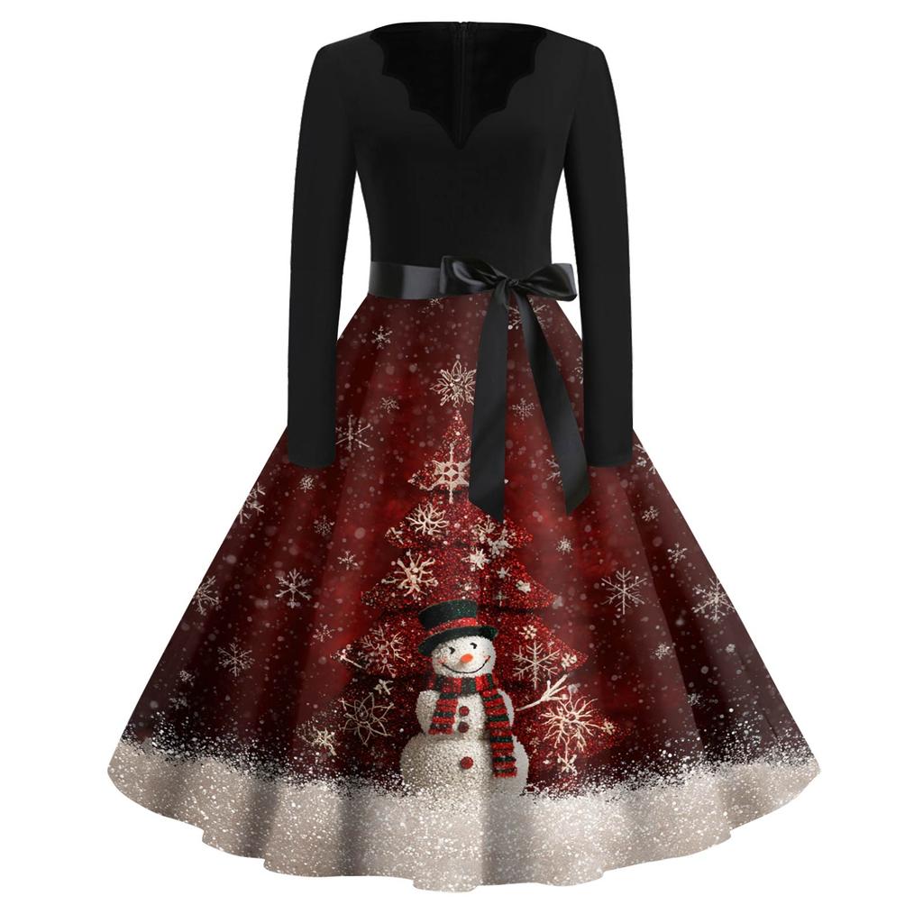 Women's Fashion V-Neck Relaxed-Fit Christmas Print Long-Sleeved Dress