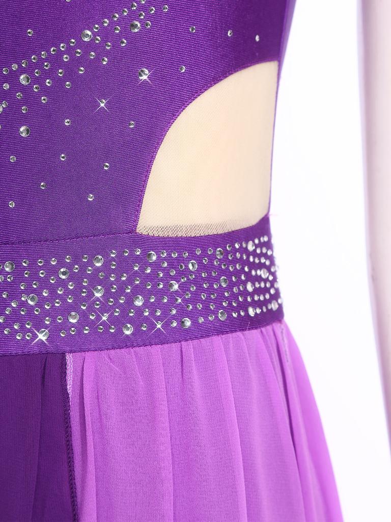 Rhinestone Color Block Mesh Leotard for Women S-XXL: Sleeveless Slit Hem Bodysuit Dress for Lyrical Contemporary Dance Costume