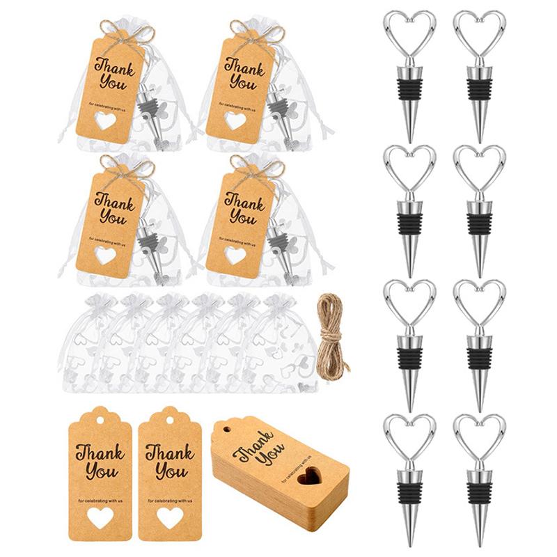 8 Set Heart Shaped Wine Stoppers Bulk Wedding Party Favors Love Design Beverage Bottle Stoppers With Sheer Bags, Labels