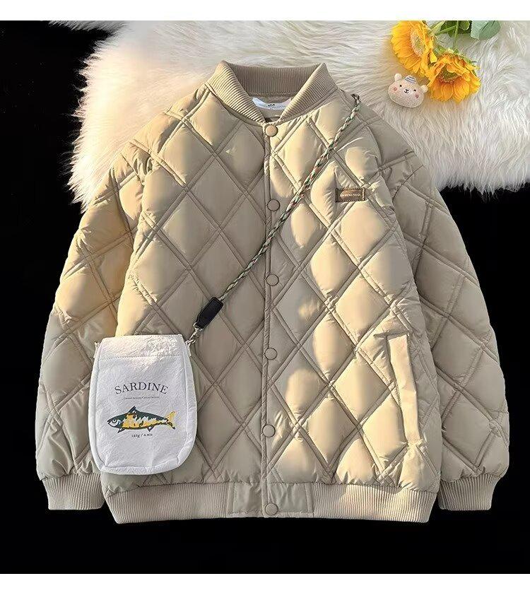 Men's Diamond Quilted Cotton Bomber Jacket - Versatile Hong Kong & College Style Winter Outerwear