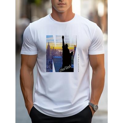 Algodão 2024 Nova Camiseta Casual de Verão para Homens de Manga Curta para o Dia a Dia na Rua T-shirt Confortável Solta para Exterior Foto Estampa da Estátua da Liberdade