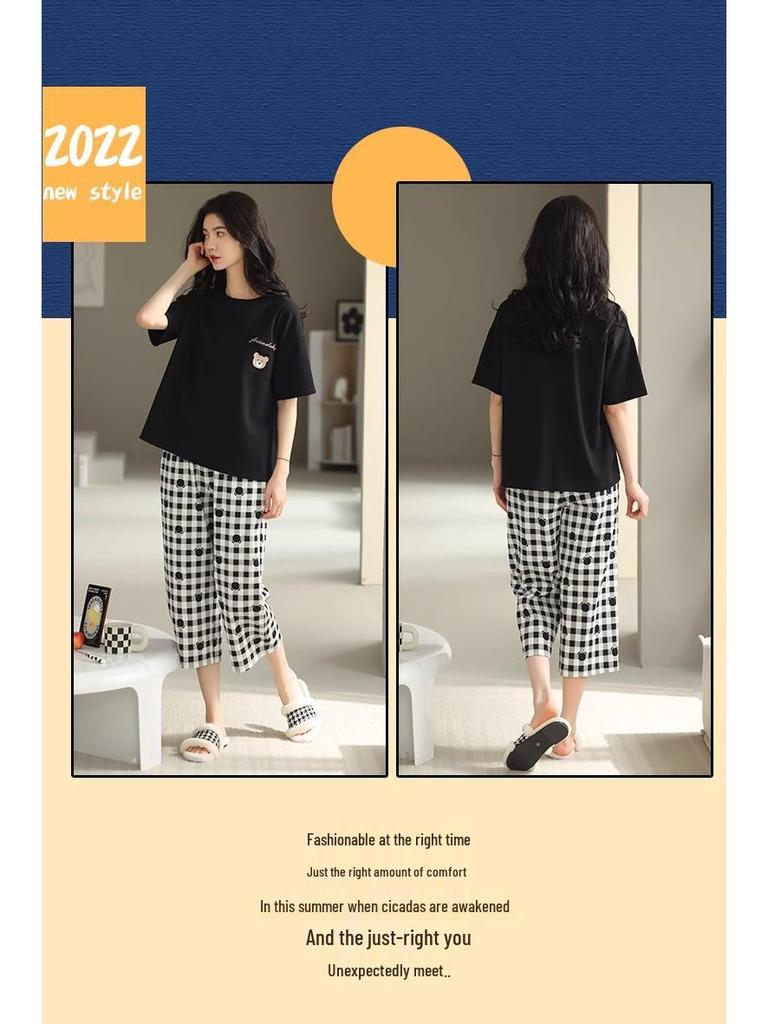 Women's Summer Plaid Capri Pants and Short-Sleeve Top Set - Plus Size Literary Style Homewear