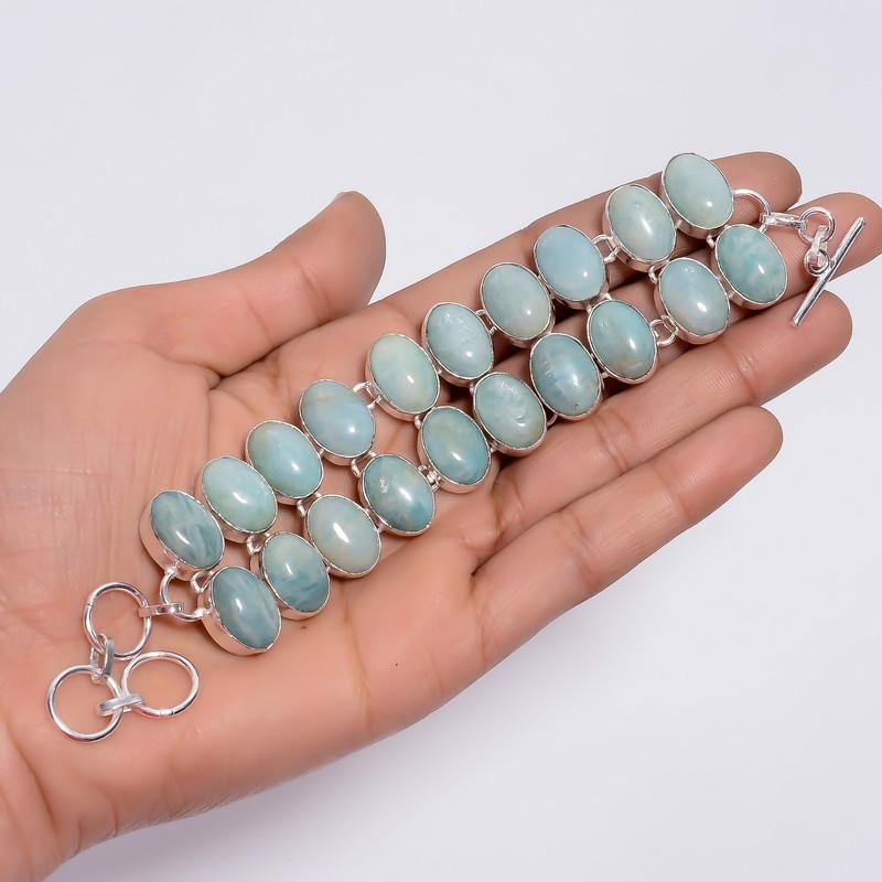 Elegant Top Grade Qualite 100% Natural Amazonite Oval Shape Ethnic Style Handmade Jewelry 925 Steling Silver Plated Bracelet 5-8" WSJ-4718