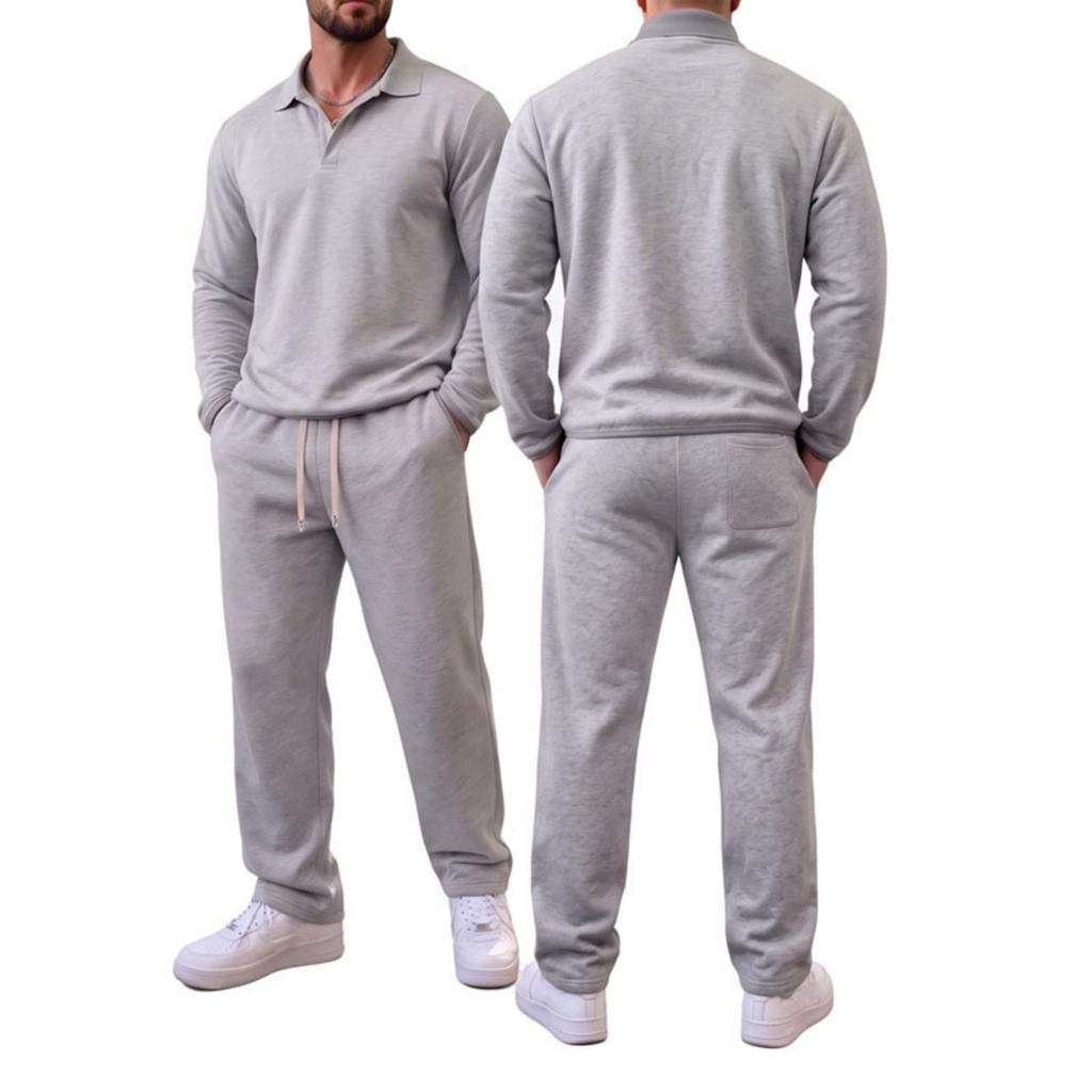 Men's Lapel Collar Long Sleeve Sweatshirt and Sweatpants Set Casual Loose Fit