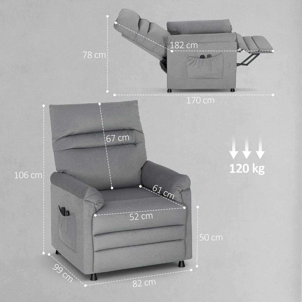 Recliner Chair, TV Armchair with Reclining Function, Lumbar Heating, 2 Remote Controls, USB Port, Quiet Motor, Grey