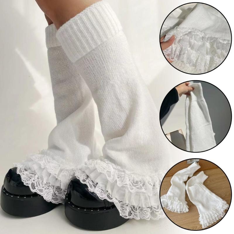 Damen Mädchen Fairycore Gestrickte Beinwärmer Ausgestellte Stiefelsocken Japanische JK Lagenlook Rüschen Spitzenbesatz Fußabdeckungen Streetwear
