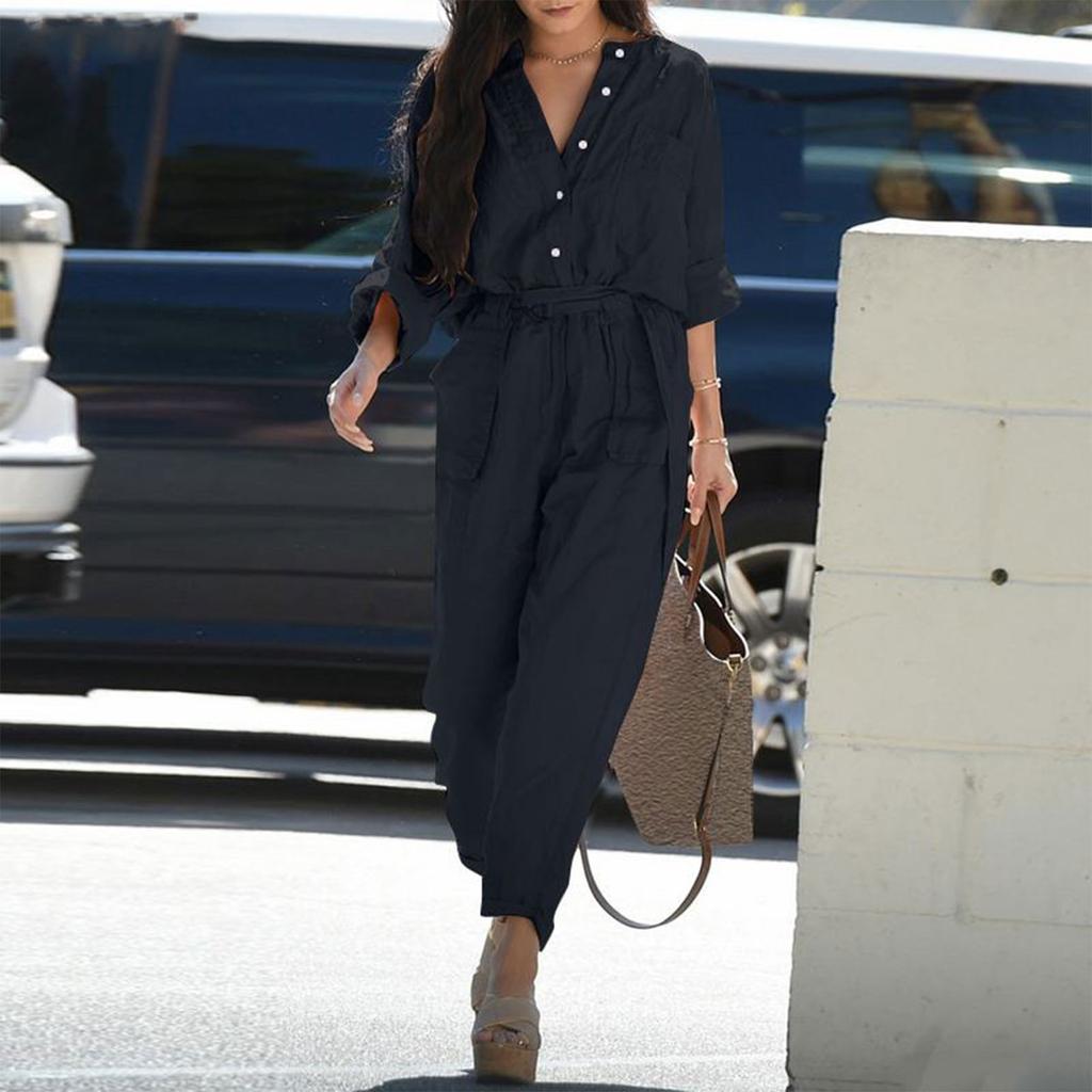 Women's Fashion Retro Casual Loose Solid Color Cotton Linen Lapel Belt Cargo Jumpsuit