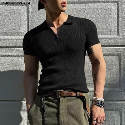 Summer T-shirts Men Short Sleeve Zipper Lapel Neck Solid Tops