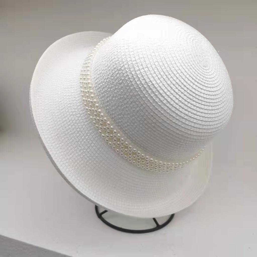 Designer Elegant Pearl Rims Fisherman Hat Fashion Socialite Retro Straw Hat Summer Sun Block Fisherman Hat