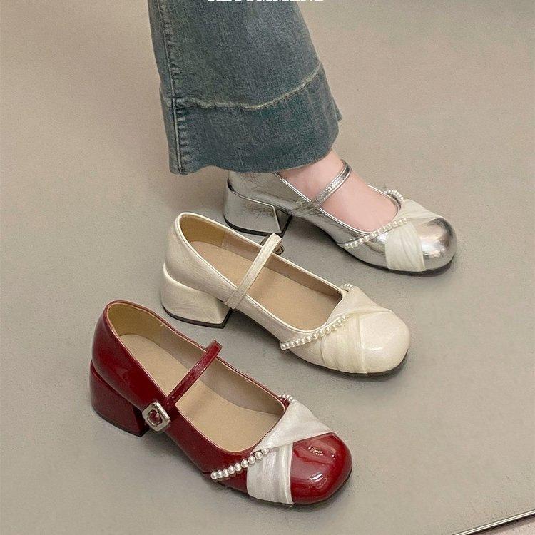 Thick heel with skirt Mary Jane high heels autumn new ballet style beautiful pearl temperament leather shoes