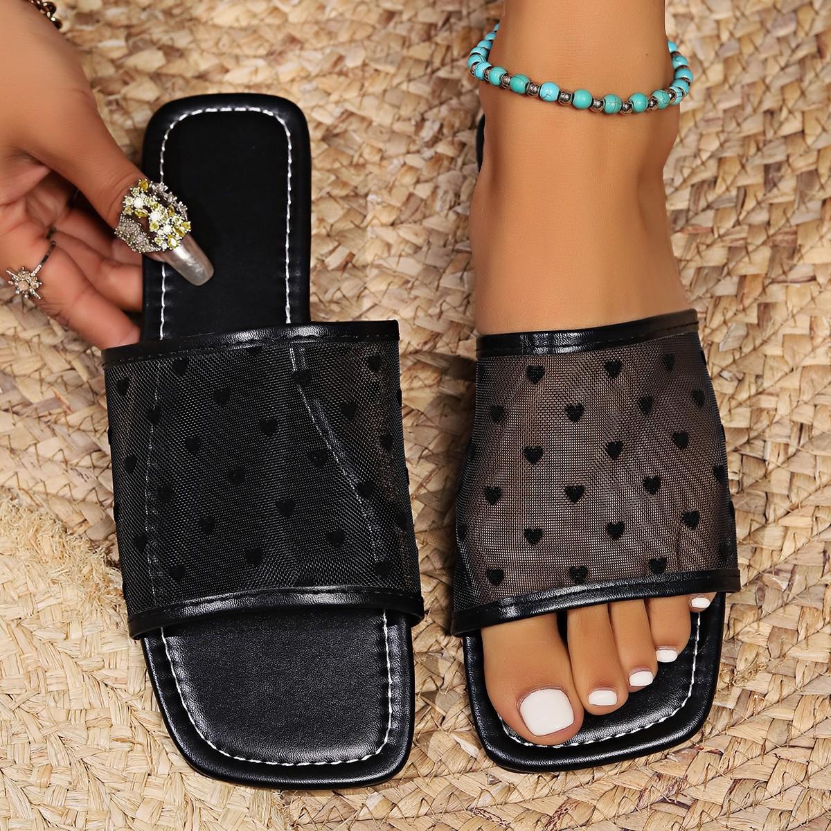 

Жіночі круті шльопанці з міжкордонним візерунком у формі серця, незалежна станція Wish, сітчасті, на плоскій підошві, іноземна торгівля, великий розмір, шльопанці на одній перемичці 43